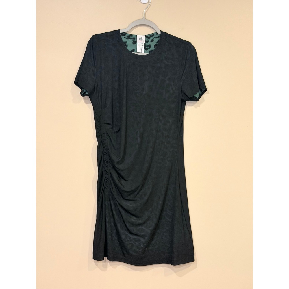 Cabi Teal Black Dress Medium Reversible Leopard Ruched Mesh Sheath Animal Print - Picture 5 of 7